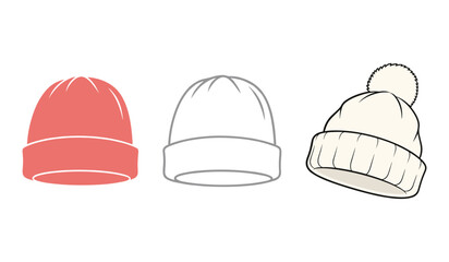 A set of three knitted winter hats in coral grey and cream with pompom beanie warm