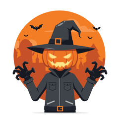 Spooky Halloween character with a glowing pumpkin head, witch hat, and dark jacket against an orange moonlit town silhouette with flying bats.