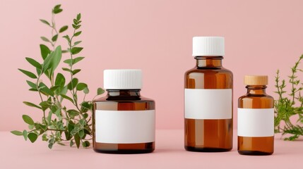 Brown apothecary bottles with white labels and plants arranged artistically on pink background