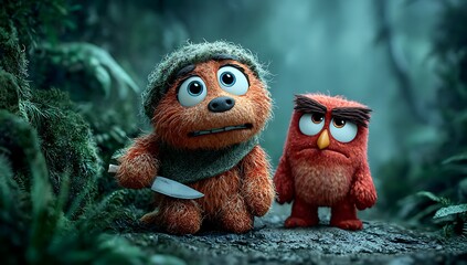 Scared furry orange monster with knife and angry red bird monster in forest image
