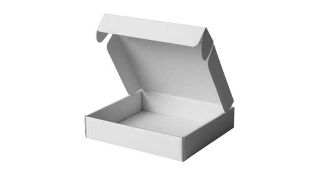 An open white cardboard box with its lid partially lifted against a stark black background ready for packaging or shipping