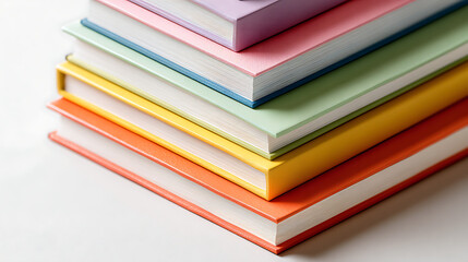 Stack of colorful books with white pages and covers in pastel shades