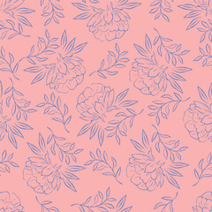 Fototapeta premium Cute floral pattern. Seamless vector texture. An elegant template for fashionable prints. Print with small white flowers and blue leaves. pink background.