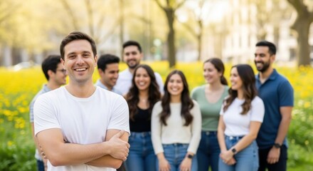 Obraz premium Happy man with friends in park