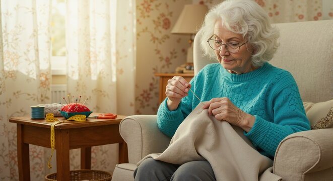 Focused senior woman hand-sewing in an armchair at home. Traditional needlework as a retirement hobby. Domestic craft and lifestyle concept