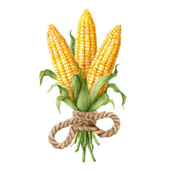 Three fresh corn cobs with green leaves are tied together with rustic rope, symbolizing harvest and farm life, isolated on white background