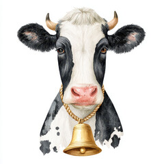 Farm cow portrait with black and white fur, pink nose, and golden bell around neck, isolated on white background, evokes calm and rustic farm atmosphere