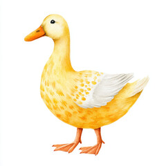 Yellow duck farm animal illustration with orange beak and feet standing on white background, detailed feathers and gentle expression create charming rural scene