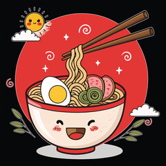 Kawaii Ramen Bowl with Happy Face and Chopsticks Cute Japanese Food Illustration t-shirt design Eps vector