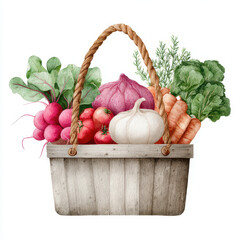 Basket filled with fresh vegetable including radish tomato onion garlic carrot and leafy green rustic wooden style watercolor illustration healthy food