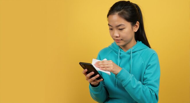 Young Asian woman cleaning a smartphone screen with a disinfectant wipe. Person maintaining device hygiene against a yellow background. Health and technology care concept with copy space