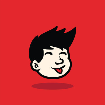 Cartoon boy face with spiky hair and confident smile. Bold outline, flat vector style on red background. Perfect for mascot, avatar, sticker, emoji, and branding. EPS vector file