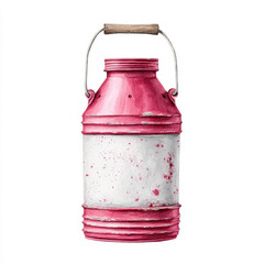 Farm milk can with rustic red and white metal body and wooden handle evokes vintage countryside charm and nostalgia, perfect for farmhouse kitchen or rural decor accent piece