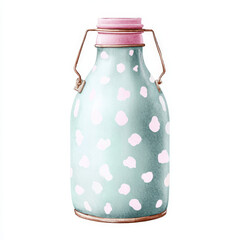 Pastel farm milk bottle with pink polka dots and metal handle evokes nostalgic and cheerful feeling, perfect for rustic kitchen or farmhouse decor inspiration