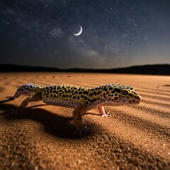 Fototapeta premium Nocturnal Leopard Gecko in Desert Landscape Under Crescent Moon and Starry Sky.