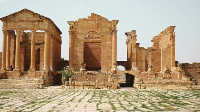 Roman Forum of Sufetula - Capitoline Temples of Sufetula. Tunisia. High quality 4k footage
