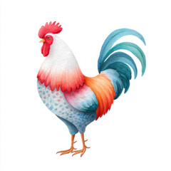 Colorful rooster farm animal with vibrant feathers stands proudly, showcasing red, blue, and orange plumage on white background, symbolizing rural life and natural beauty