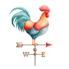 Watercolor rooster weather vane rustic barn decor, colorful farm animal illustration, vintage countryside style, cheerful and artistic home accent