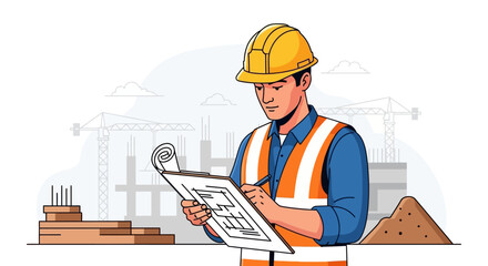 Construction Worker Reviewing Blueprint on Site.