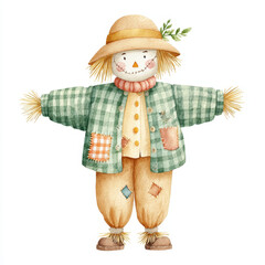 Watercolor scarecrow with patched clothes, straw hat, green plaid jacket, beige pants, autumn harvest, cheerful expression, isolated on white background