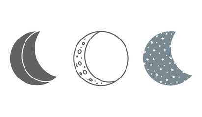 A set of three stylized crescent moons in gray and white with star pattern and dots night celestial