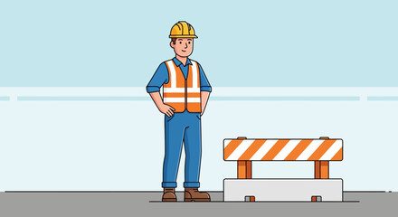 Construction Worker Standing Near Barrier on Road.