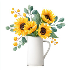 Watercolor sunflower bouquet in white pitcher with green eucalyptus leaves and yellow berries, rustic farmhouse style, cheerful and bright floral arrangement