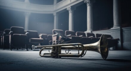 Obraz premium Antique trumpet on dusty theater floor