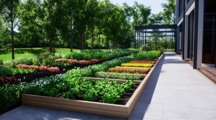 Obraz premium Community food garden with orderly rows of vegetables, herbs, and flowers