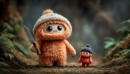 Naklejka premium Two fuzzy orange monsters in knitted hats one holding a knife in a forest image photo