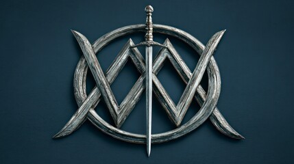 Symbolic emblem design with sword circle and abstract patterns on dark background