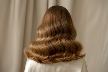 Fototapeta premium Close-up of curls and frizzy shiny blonde hair . Hair colorind or shades . Soft wavy hair styling. View from the back. For advertising hair care products.