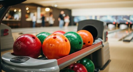 Bowling balls in rack on bowling alley