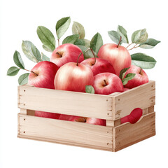 Fresh red apple with green leaf in wooden crate from farm, natural fruit harvest with rustic style, healthy food and organic produce, vibrant and inviting for autumn season