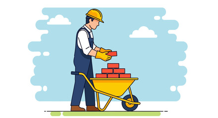 Construction Worker Loading Bricks into Wheelbarrow at Construction Site.