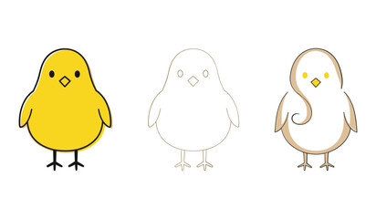 A set of three cartoon chicks one yellow filled one outline one white with brown accents chicken bird