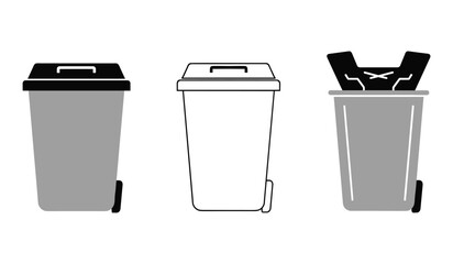 A set of three different styles of trash cans shown in a row on white background garbage bin waste bin