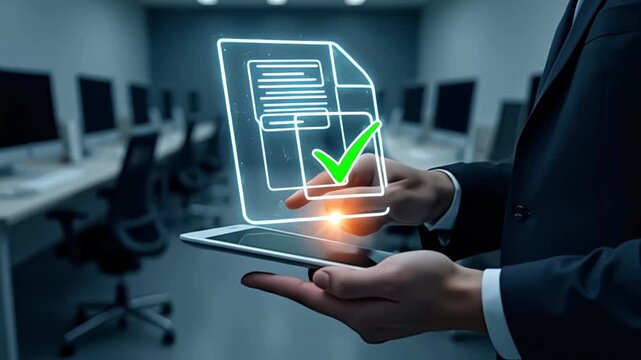 Businessman holding tablet with digital document and green checkmark in office setting