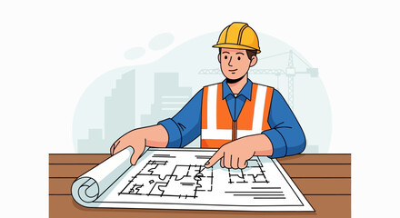 Construction Worker Reviewing Blueprint with Safety Gear.