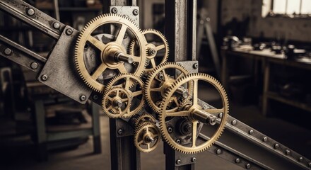 Obraz premium Close-up of intricate gears. Metal gears, mechanism, precision engineering