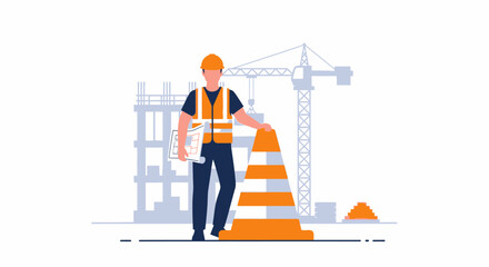Construction Worker with Safety Cone at Building Site.