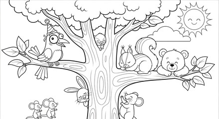 A delightful black and white coloring page with cute woodland animals playing in and around a large tree under a smiling sun.
