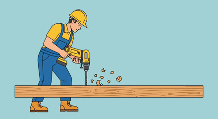 Construction Worker Drilling Wood Plank with Power Drill.