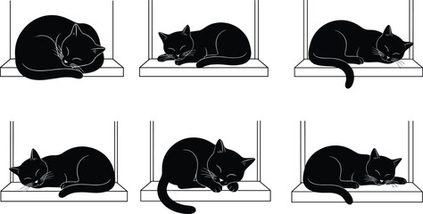 Naklejka na ściany i meble Black cat sleeping on windowsill, cozy feline resting positions, cute domestic pet illustration, relaxing animal artwork, peaceful home decor design