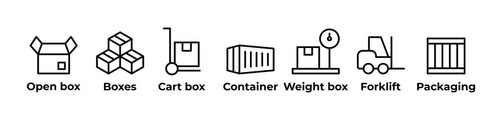 From Packaging to Containers Icons set vector illustration outline with Open box, Boxes, Cart box, Container, Weight box, Forklift, Packaging