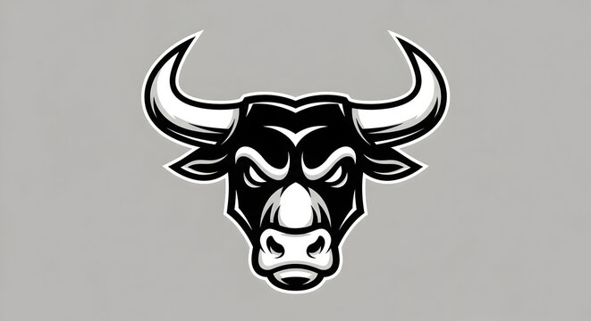 Monochromatic vector illustration of a fierce bull's head, designed as a powerful sports mascot or emblem.