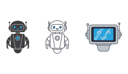 A set of three cartoon robots with blue eyes and smiling faces android artificial intelligence