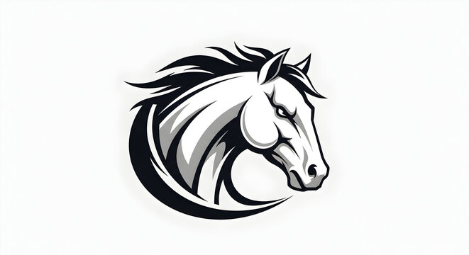 A powerful black and white stylized horse head logo with a flowing mane, depicted as a fierce mascot emblem on a white background.