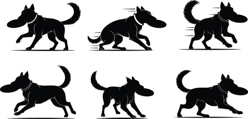Dog silhouette catching frisbee, pet agility training, canine sport action, playful puppy outdoors, black outline illustration, active animal movement sequence