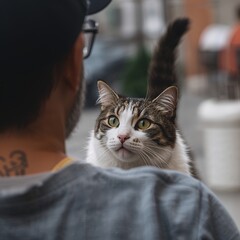 Man Interacting Affectionately with His Pet Cat in a Domestic Setting

